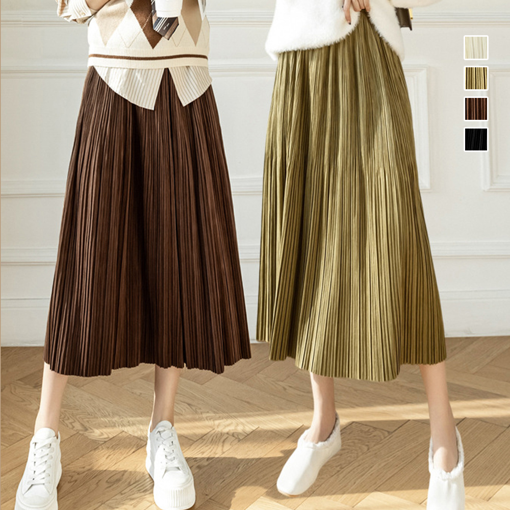 プリーツスカート ハイウエスト 着痩せ ミモレ丈