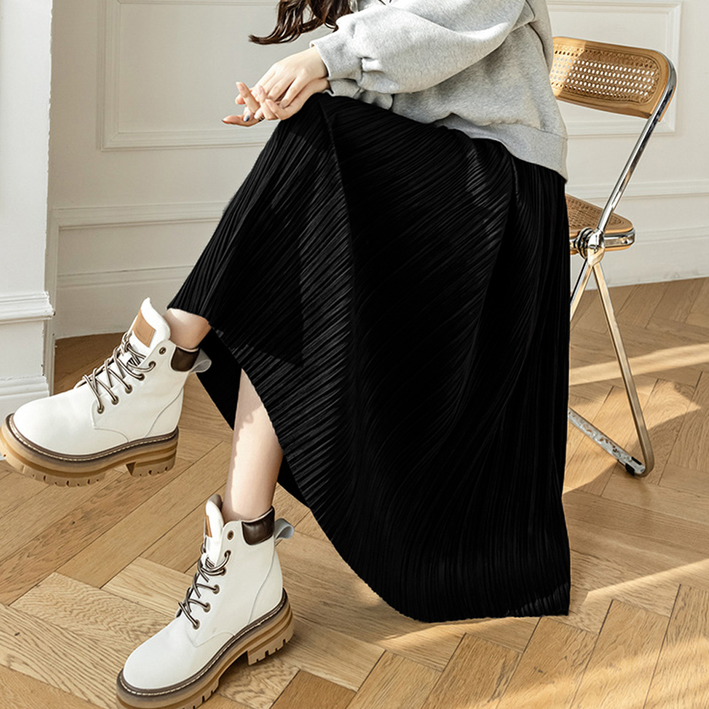 プリーツスカート ハイウエスト 着痩せ ミモレ丈