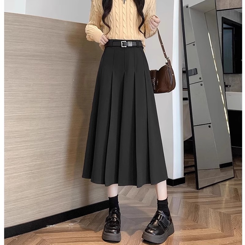 プリーツスカート 上品ベルト付きプリーツスカート
