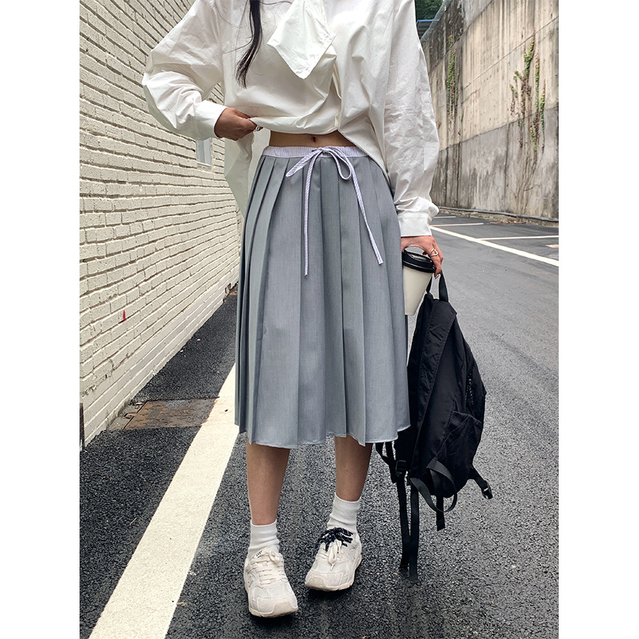プリーツスカート 紐付きウエスト細プリーツ膝丈スカート