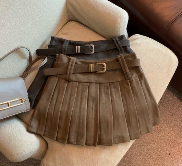 ハイウェスト二重ベルト付きプリーツスカート