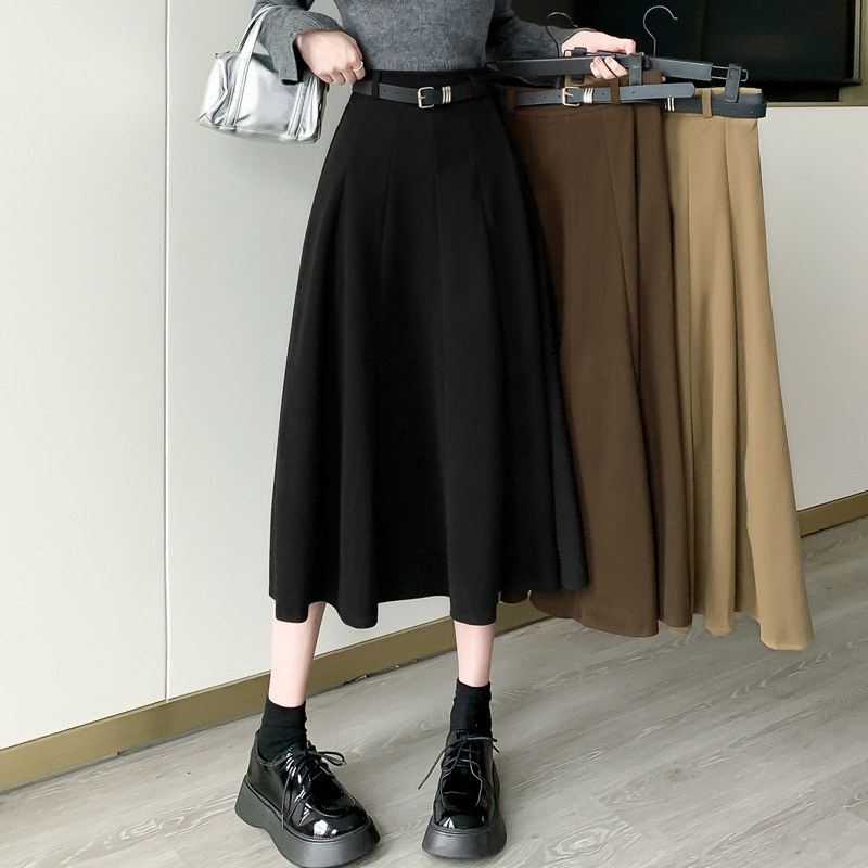 プリーツスカート ベルト付きハイウエストプリーツスカートミディ丈