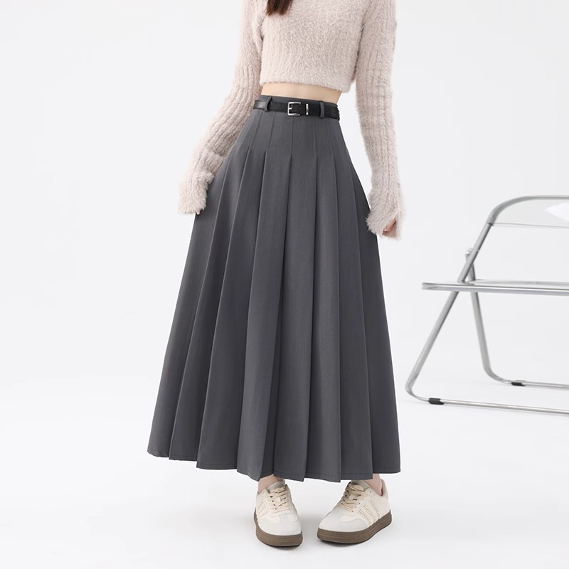 プリーツスカート ベルト付き優美プリーツロングスカート