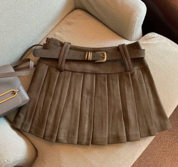 ハイウェスト二重ベルト付きプリーツスカート