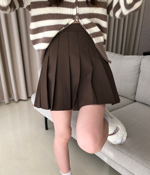 秋冬ハイウエストプリーツスカート膝丈ミニ