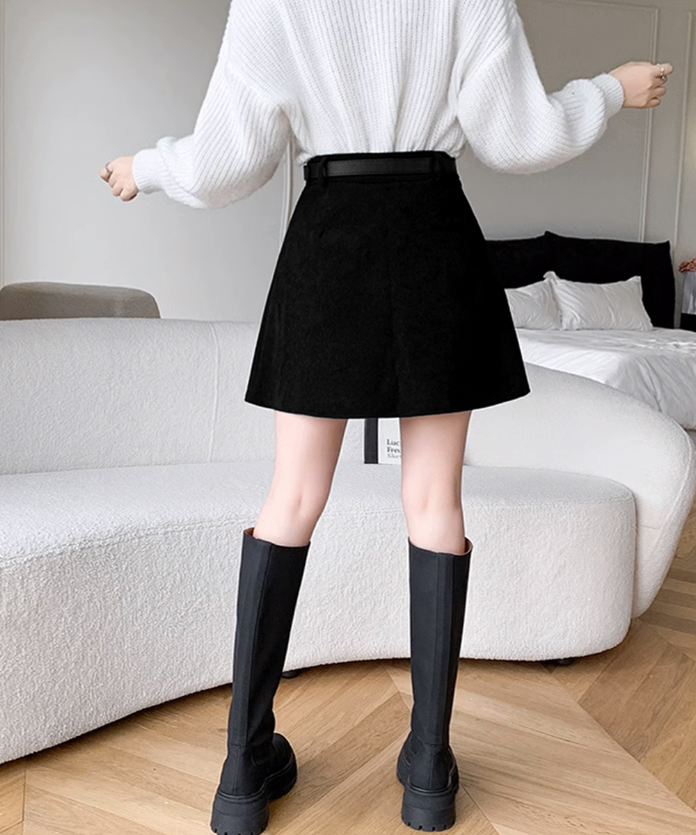 コーデュロイプリーツスカート ベルト付き ポケットデザイン