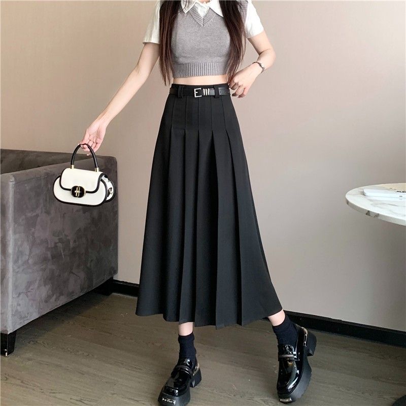 プリーツスカート ベルト付き美シルエットプリーツスカート