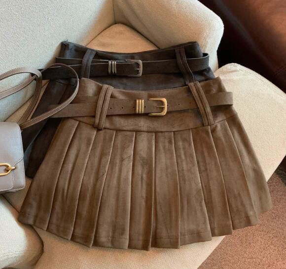 ハイウェスト二重ベルト付きプリーツスカート