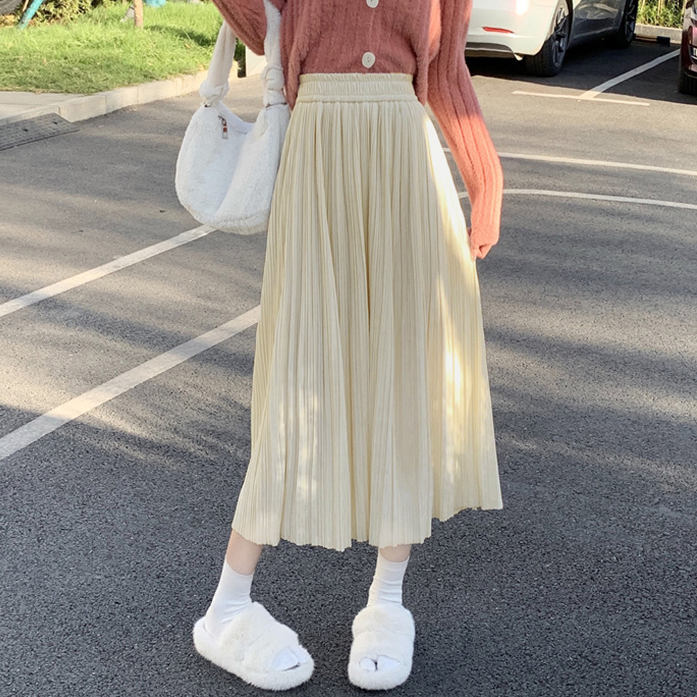 プリーツスカート ハイウエスト 着痩せ ミモレ丈