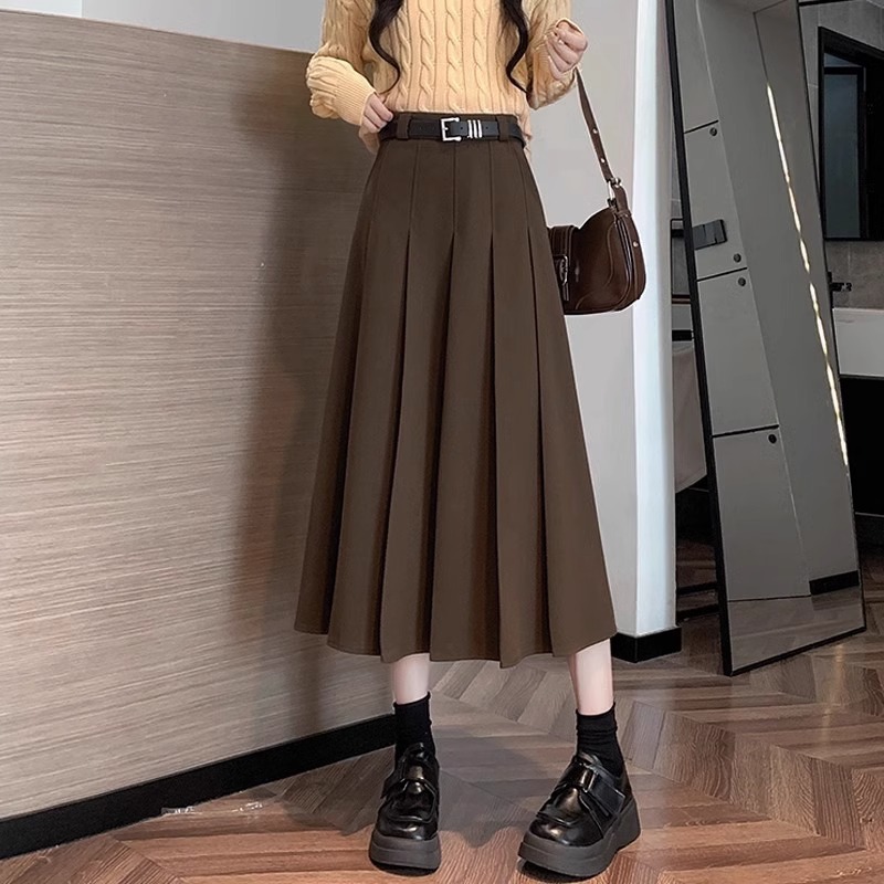 プリーツスカート 上品ベルト付きプリーツスカート