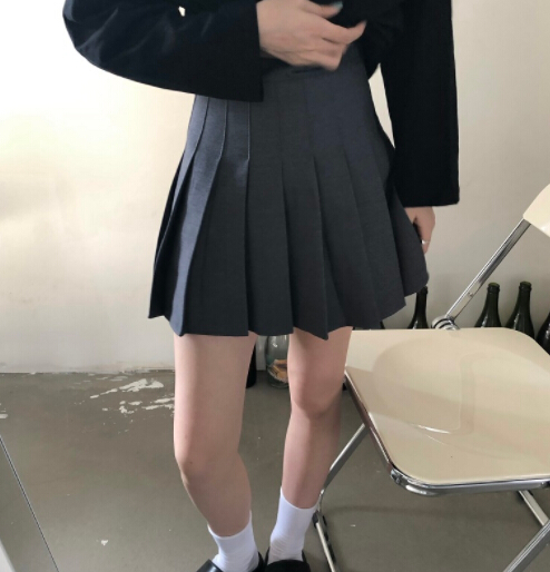 秋冬ハイウエストプリーツスカート膝丈ミニ
