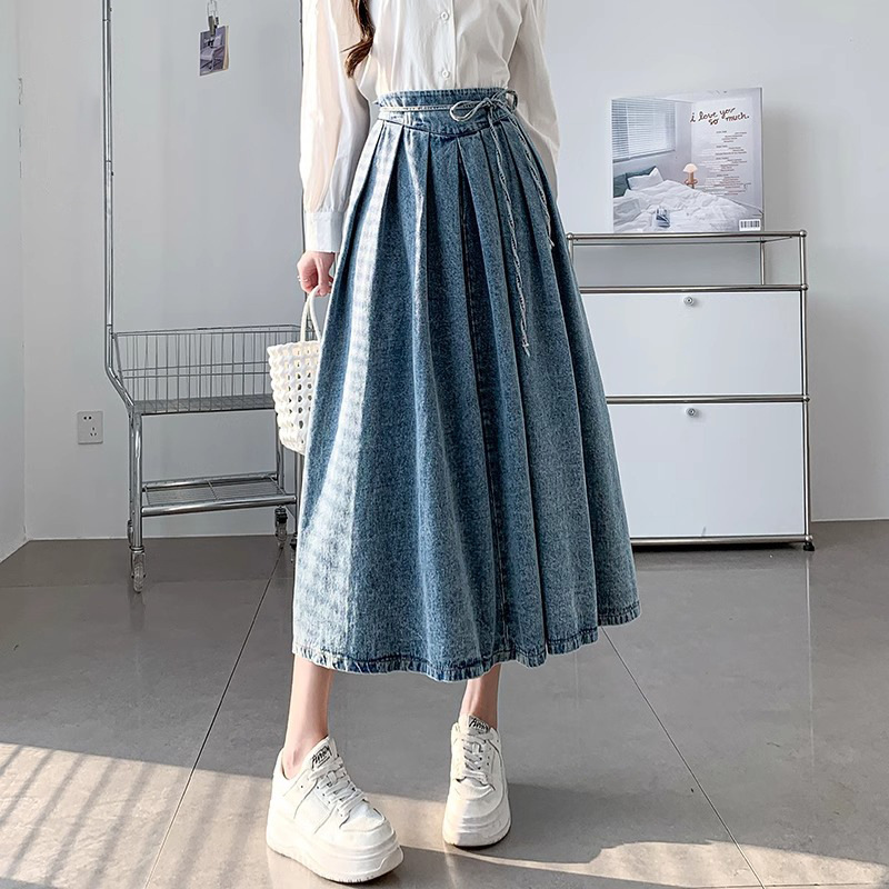 プリーツスカート ウエストリボン デニムプリーツスカート