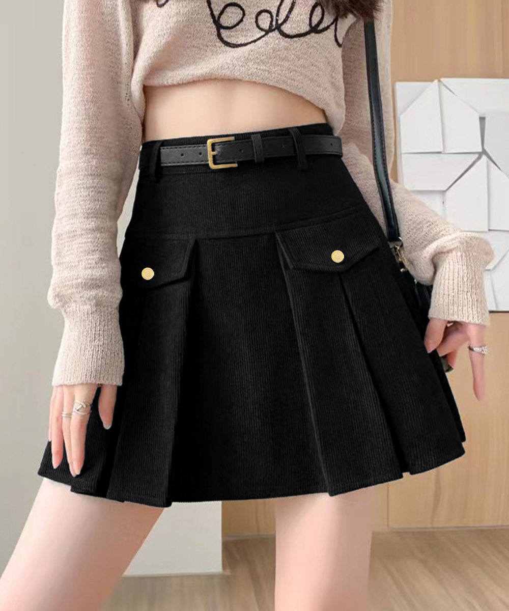 コーデュロイプリーツスカート ベルト付き ポケットデザイン