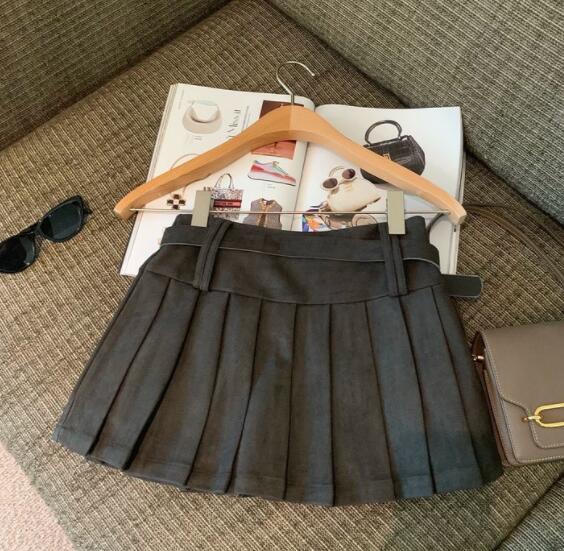 ハイウェスト二重ベルト付きプリーツスカート