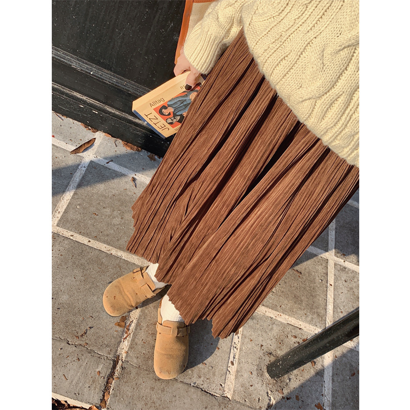 韓国風レトロプリーツスカート ロング丈カジュアル