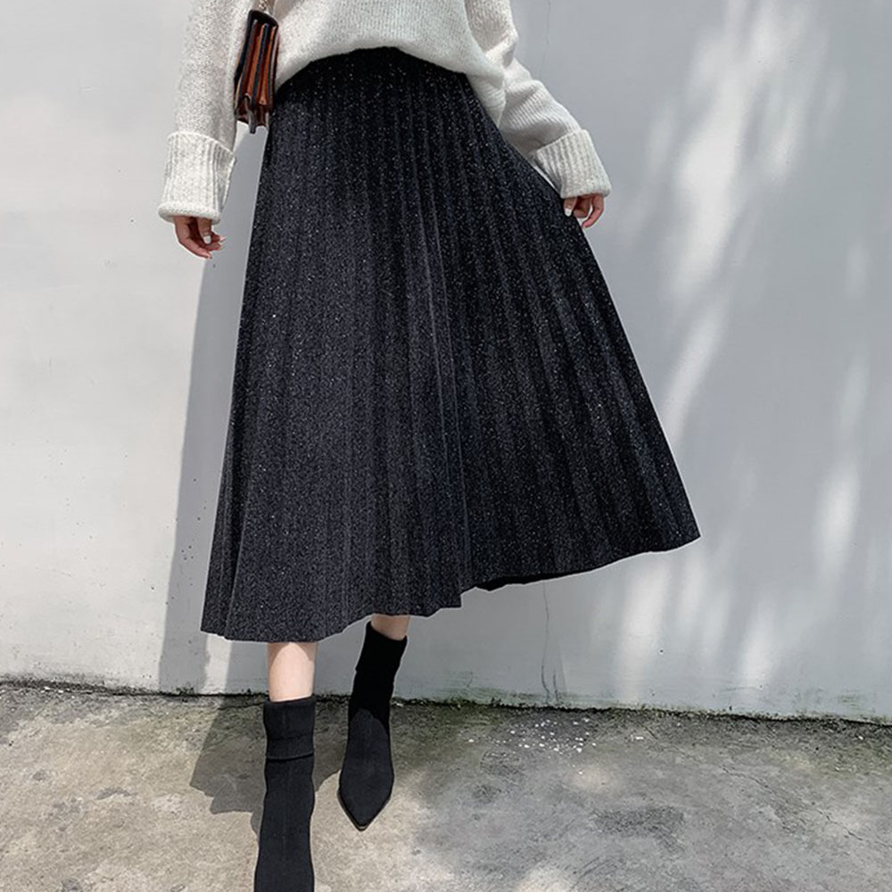 ラメ入りプリーツスカート ウエストゴム ミディアム丈