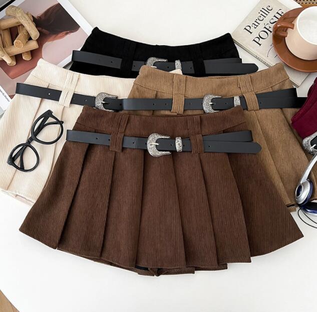 プリーツスカートコーデュロイ生地 ベルト付きミニ
