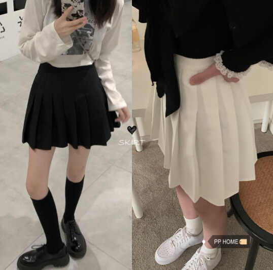 秋冬ハイウエストプリーツスカート膝丈ミニ