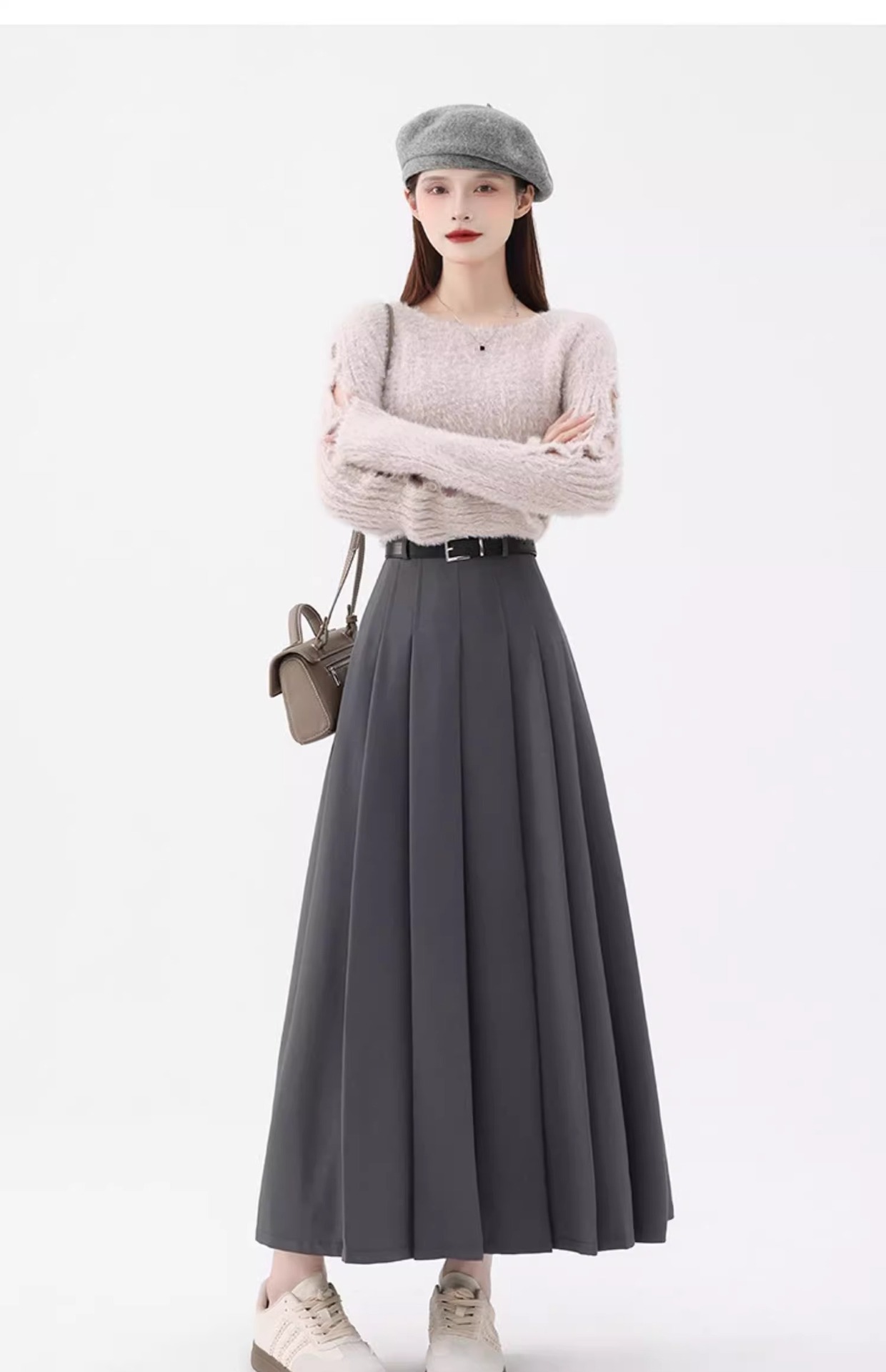 プリーツスカート ベルト付き優美プリーツロングスカート