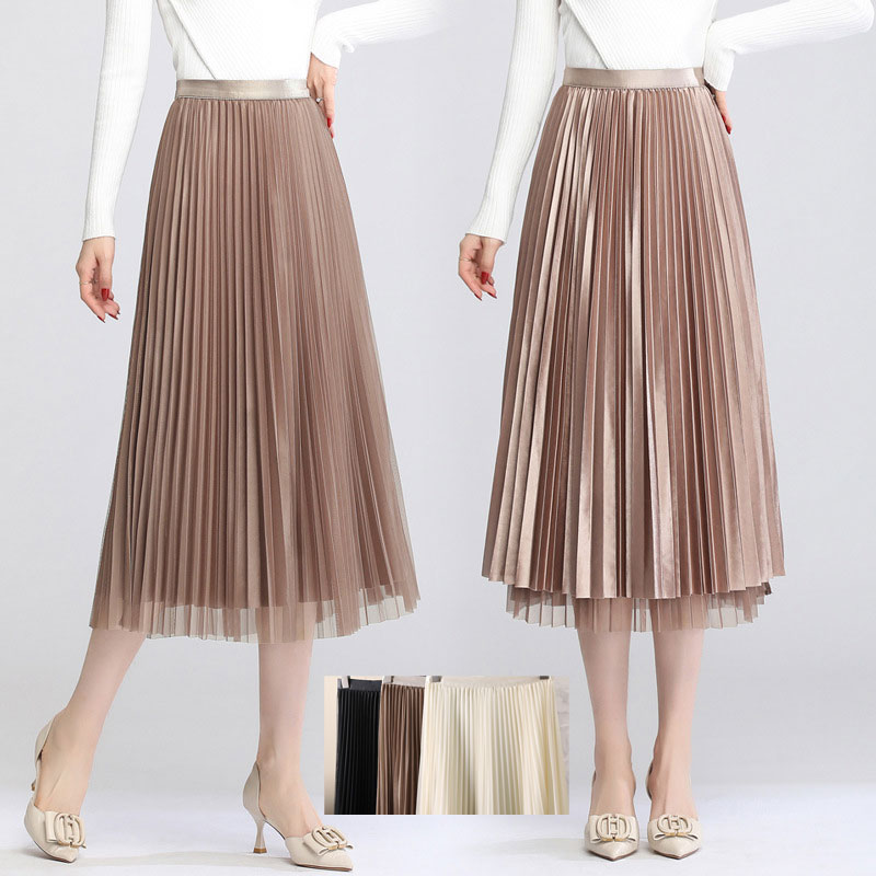 春夏新作 ハイウエストプリーツスカート 膝丈 着回し抜群