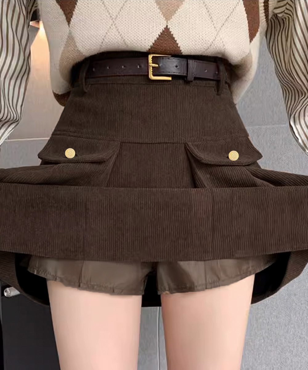 コーデュロイプリーツスカート ベルト付き ポケットデザイン