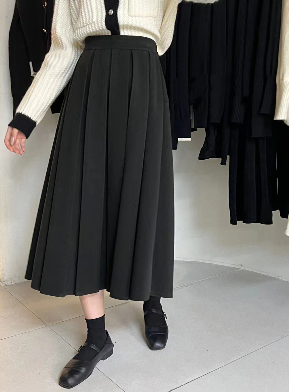 暖かいウール風プリーツスカート ミモレ丈 秋冬