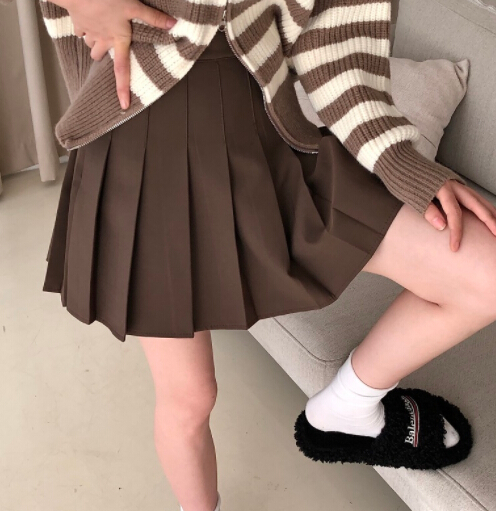 秋冬ハイウエストプリーツスカート膝丈ミニ