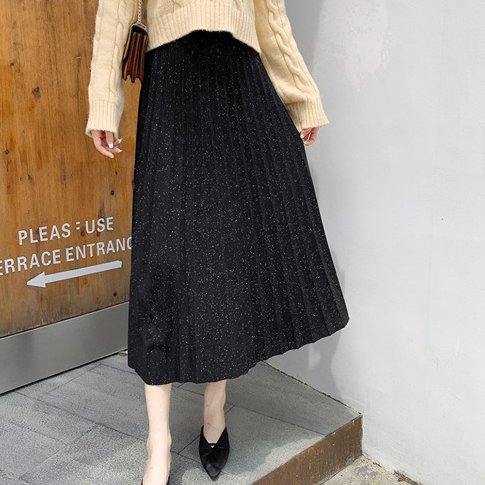ラメ入りプリーツスカート ウエストゴム ミディアム丈