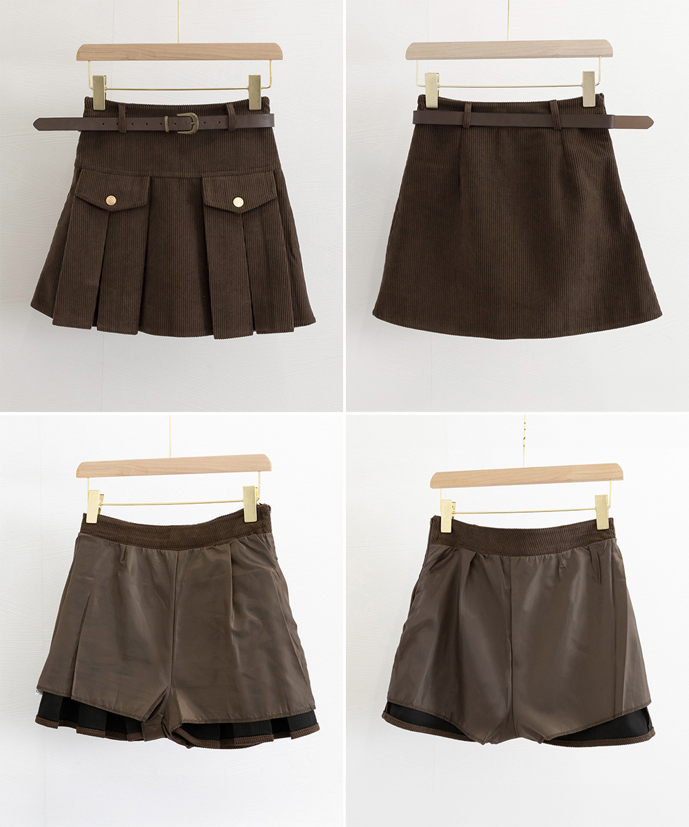 コーデュロイプリーツスカート ベルト付き ポケットデザイン