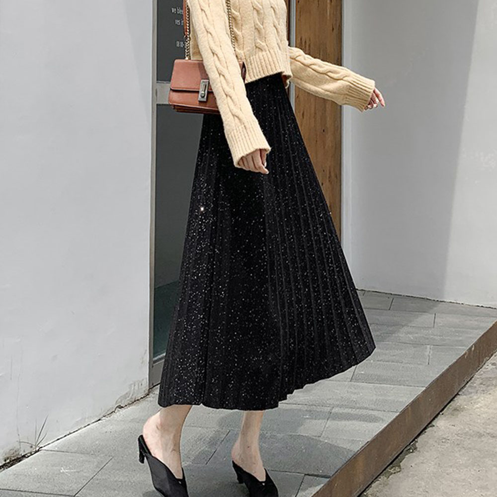 ラメ入りプリーツスカート ウエストゴム ミディアム丈