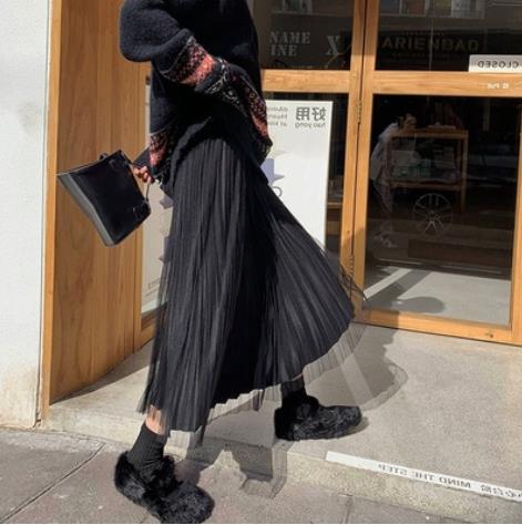 レディース紡績ハイウエストプリーツスカート