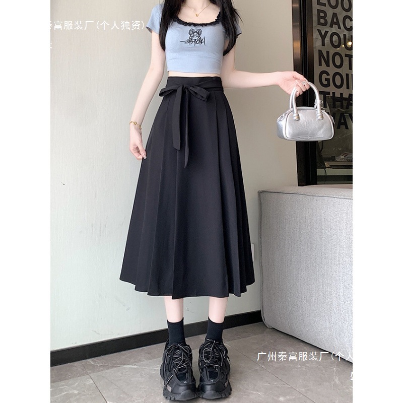 プリーツスカート リボン付き上品プリーツスカート
