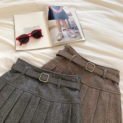 羊毛ストライプ柄プリーツスカート韓国風ハイウエスト学生