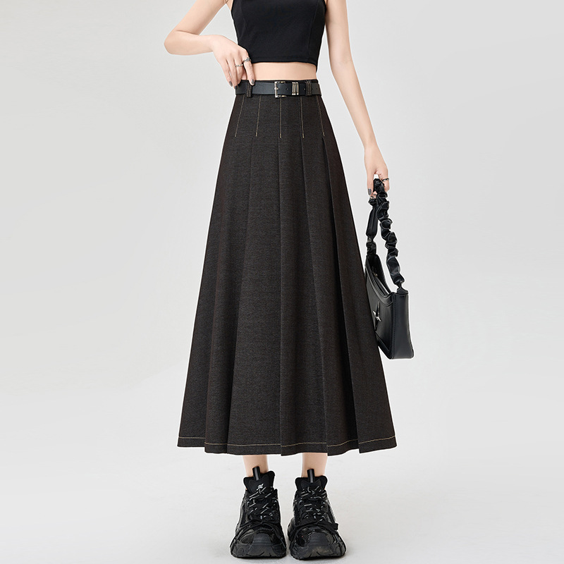 プリーツスカート ベルト付きフレアプリーツロングスカート