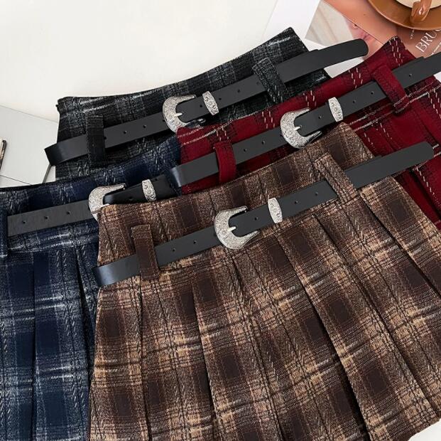 チェック柄プリーツスカート ベルト付き ミニ丈