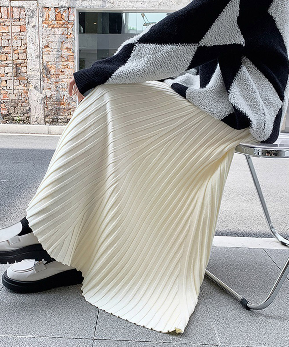 秋冬ニット素材プリーツスカート