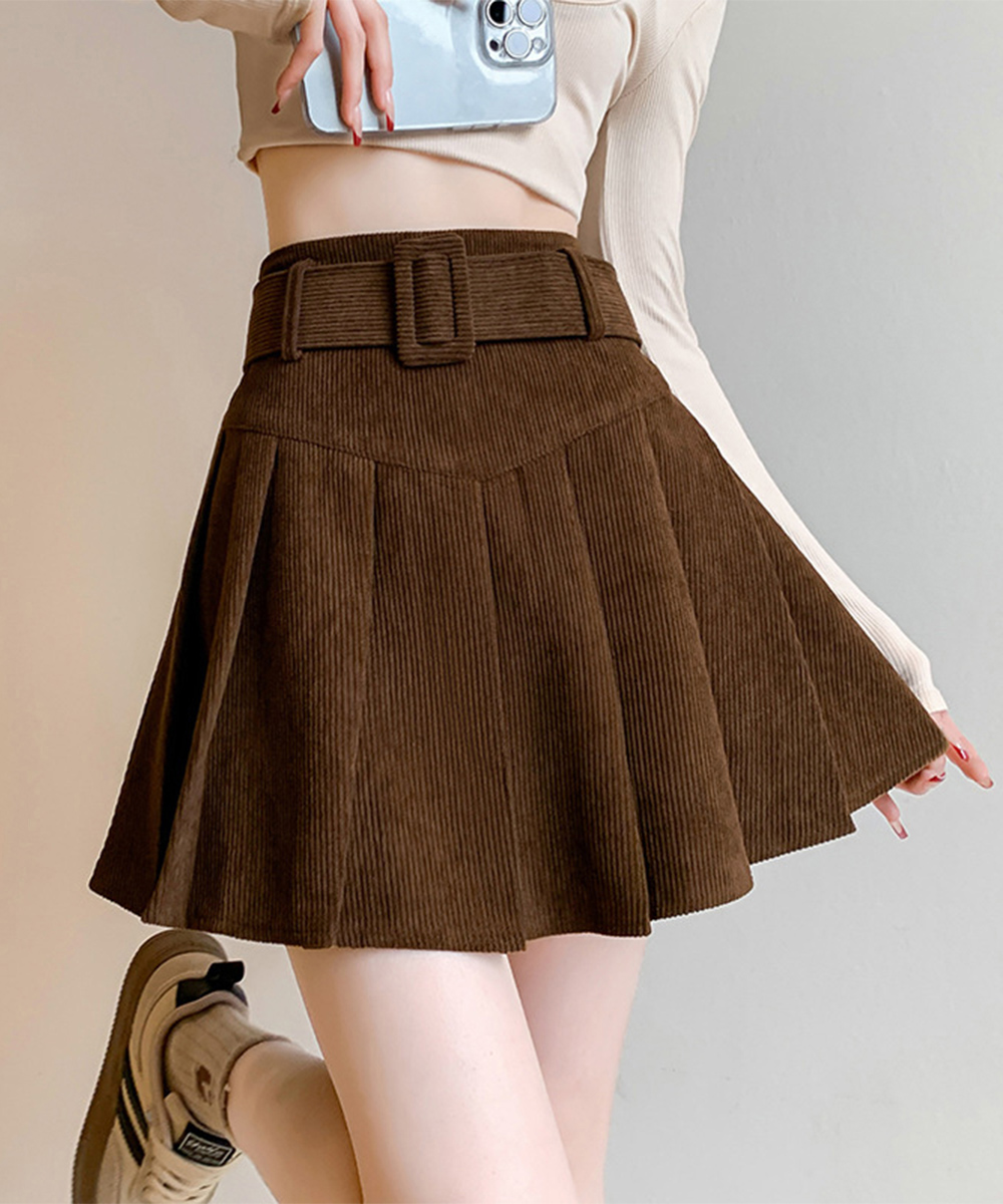 コーデュロイプリーツスカート ベルト付きミニ丈