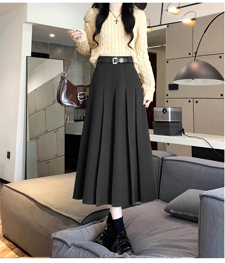 プリーツスカート 上品ベルト付きプリーツスカート