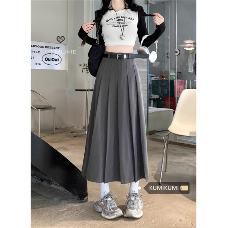 プリーツスカート ハイウエストベルト付きプリーツスカートミディ丈