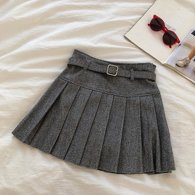 羊毛ストライプ柄プリーツスカート韓国風ハイウエスト学生