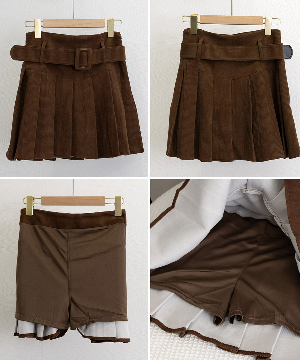 コーデュロイプリーツスカート ベルト付きミニ丈
