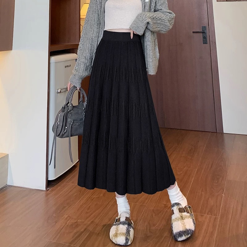 プリーツスカート 立体感のあるニットプリーツロングスカート