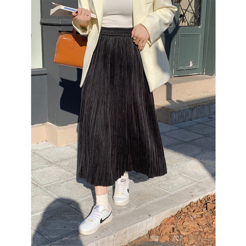 韓国風レトロプリーツスカート ロング丈カジュアル
