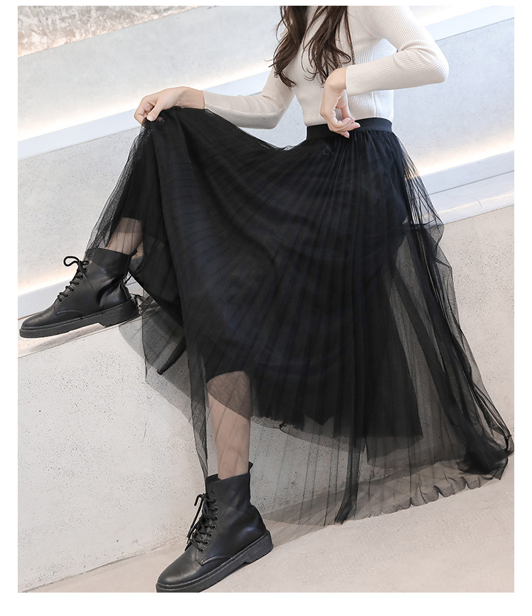 プリーツスカート 優美なチュールプリーツロングスカート