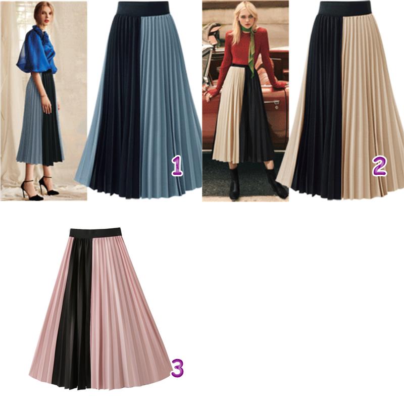 ハイウエストプリーツスカート ウエストゴム ロング丈 3色展開