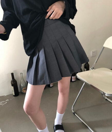 秋冬ハイウエストプリーツスカート膝丈ミニ