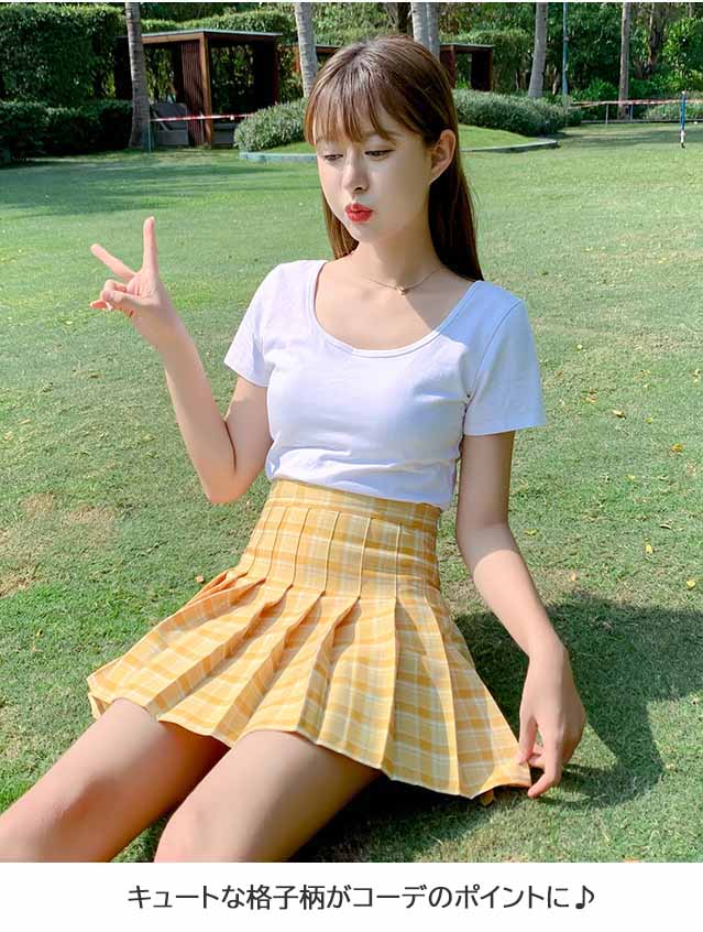 可愛いチェック柄プリーツスカート ミニ丈 インナーパンツ付き