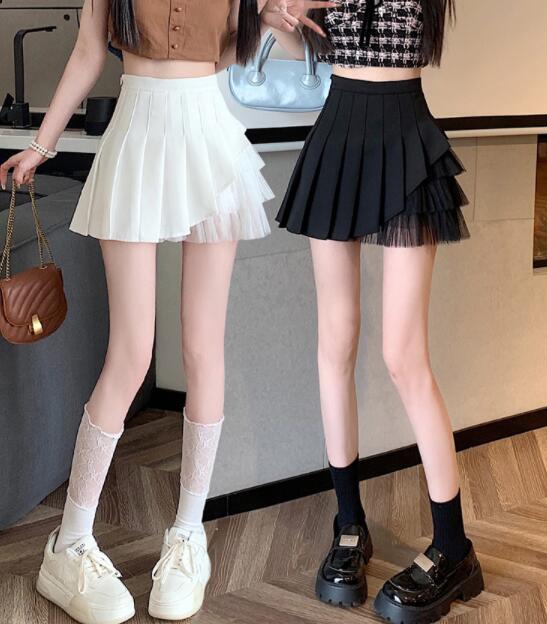 プリーツスカート 重ね着風チュール付きプリーツミニスカート