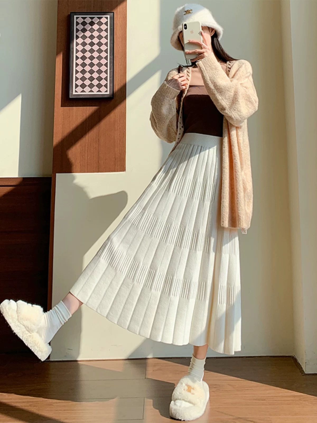 プリーツスカート 立体感のあるニットプリーツロングスカート