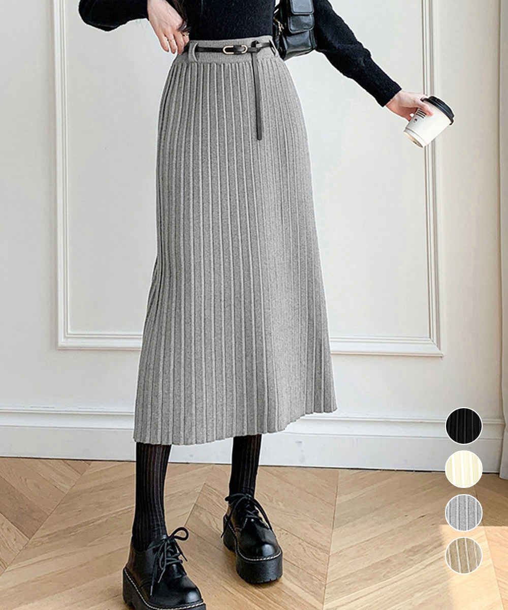 プリーツスカート ハイウエストベルト付きプリーツニットスカート